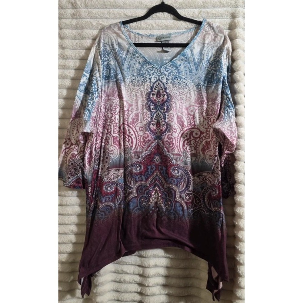 Catherines 2X Paisley Ombre Handkerchief Hem Top Rhinestone V-Neck 3/4 Sleeve